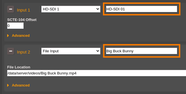 AWS Elemental Live encoder event inputs labels